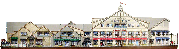 Hand-coloured street elevation drawing of the Sidney Cannery by Soren Rasmussen Architects