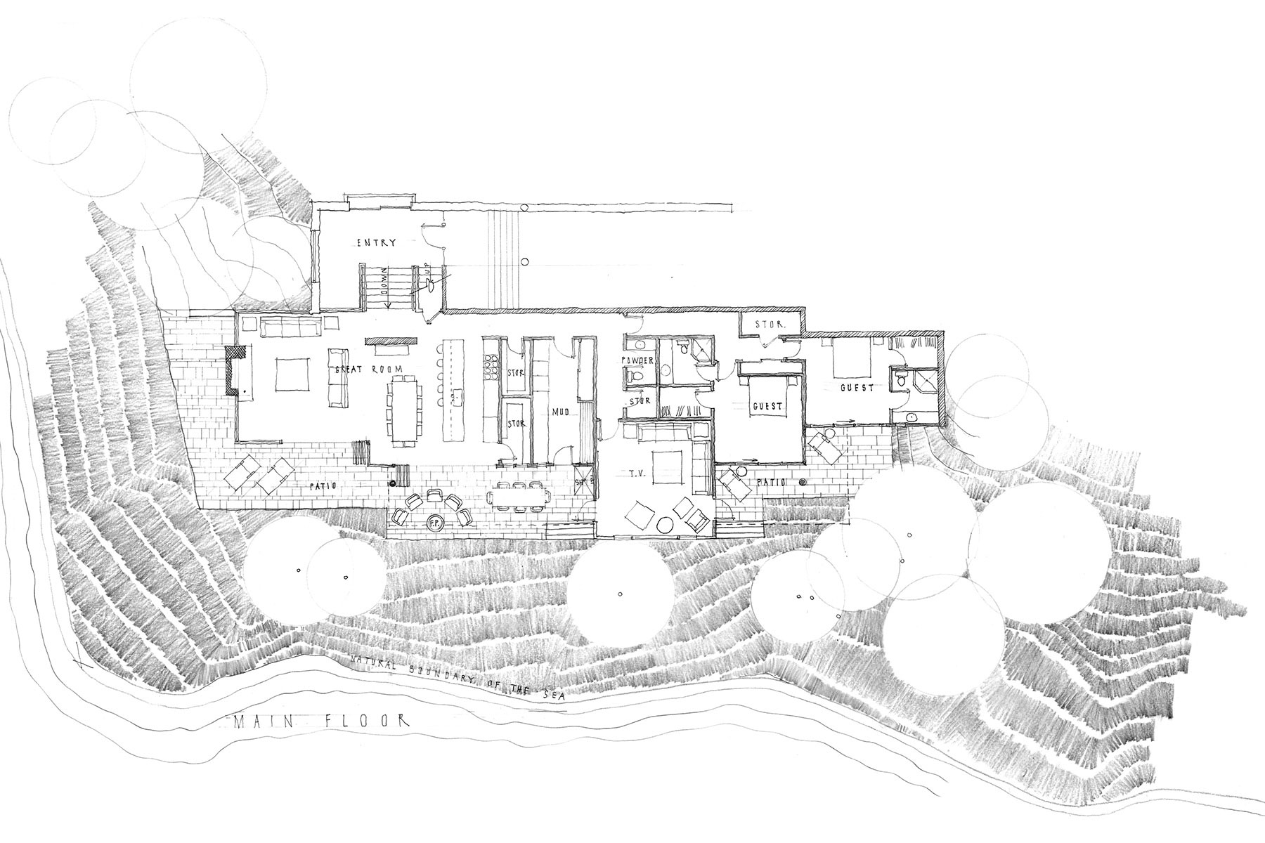 Hand-drawn site and floor plan on the terraced shore