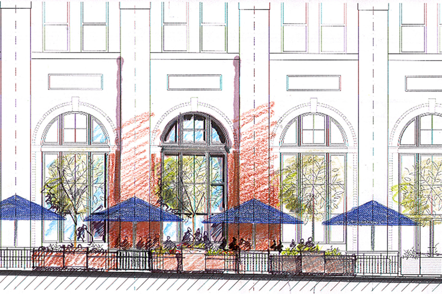 Streetside patio study along the station's south face