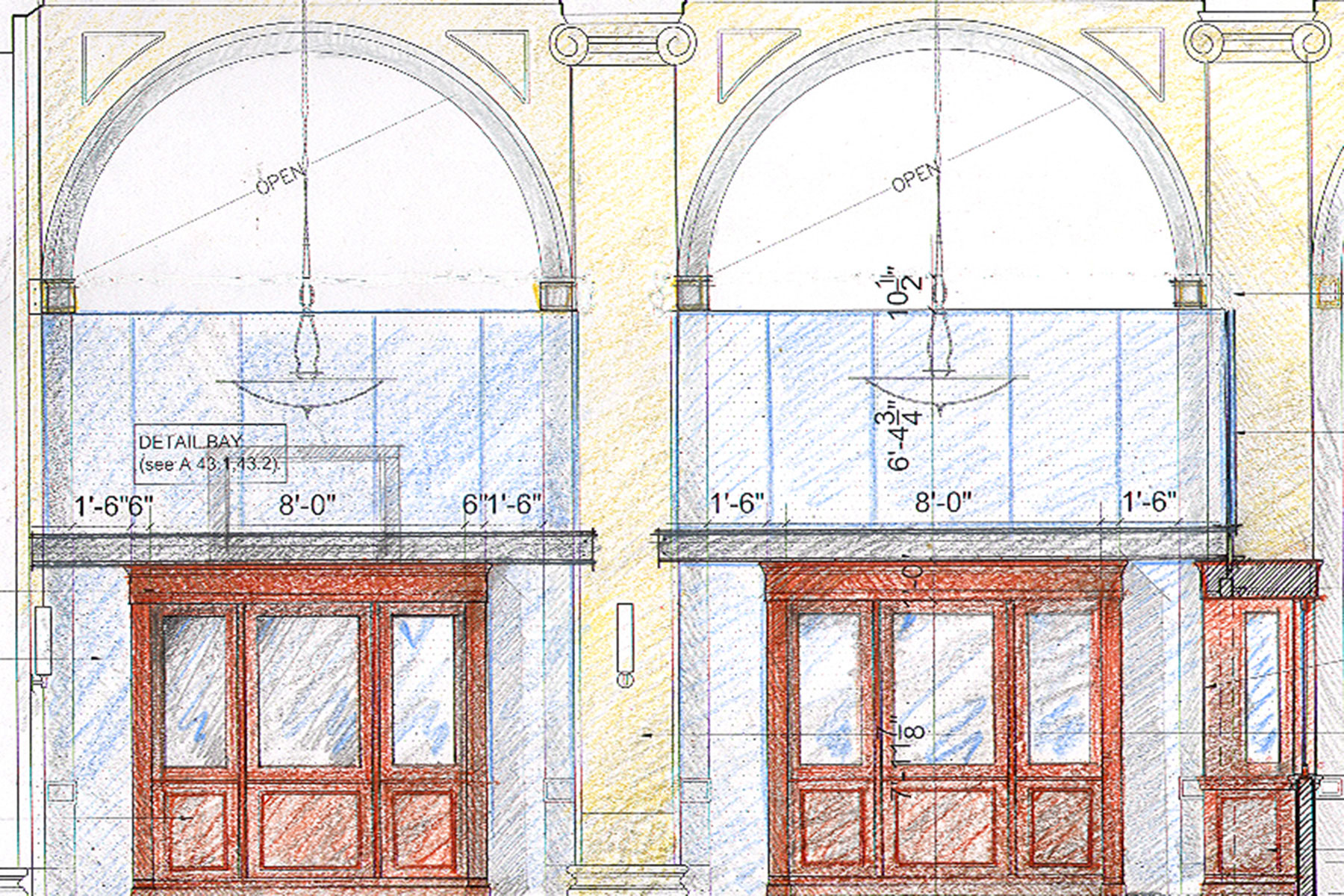 Coloured detail study of the arched concourse bays