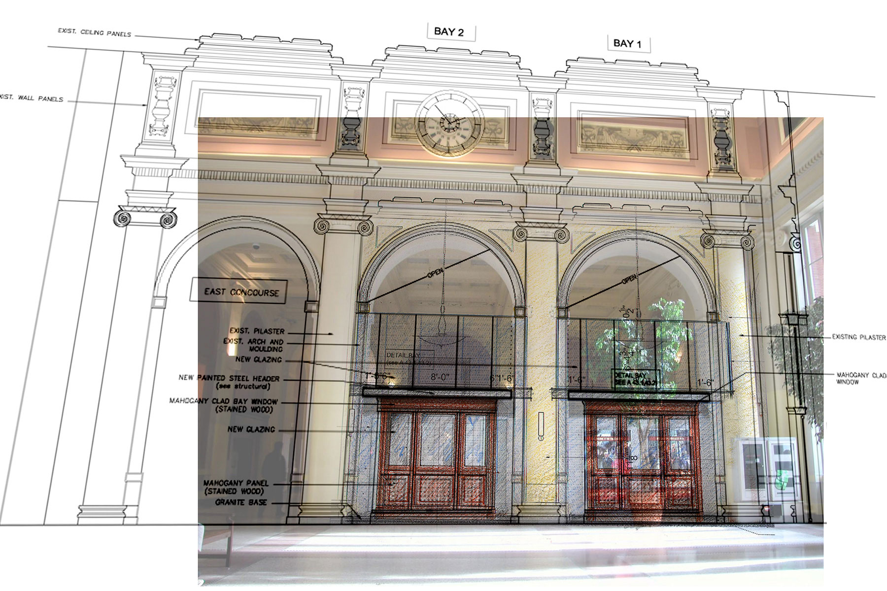 Elevation overlaid with a photograph of the restored bays